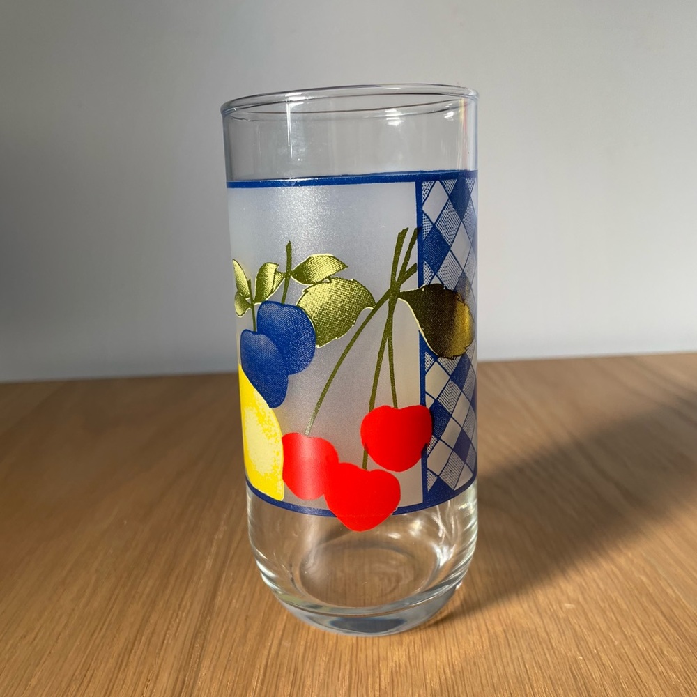 Vintage Set of 4 Fruit with Blue Gingham Pattern Highball Glasses